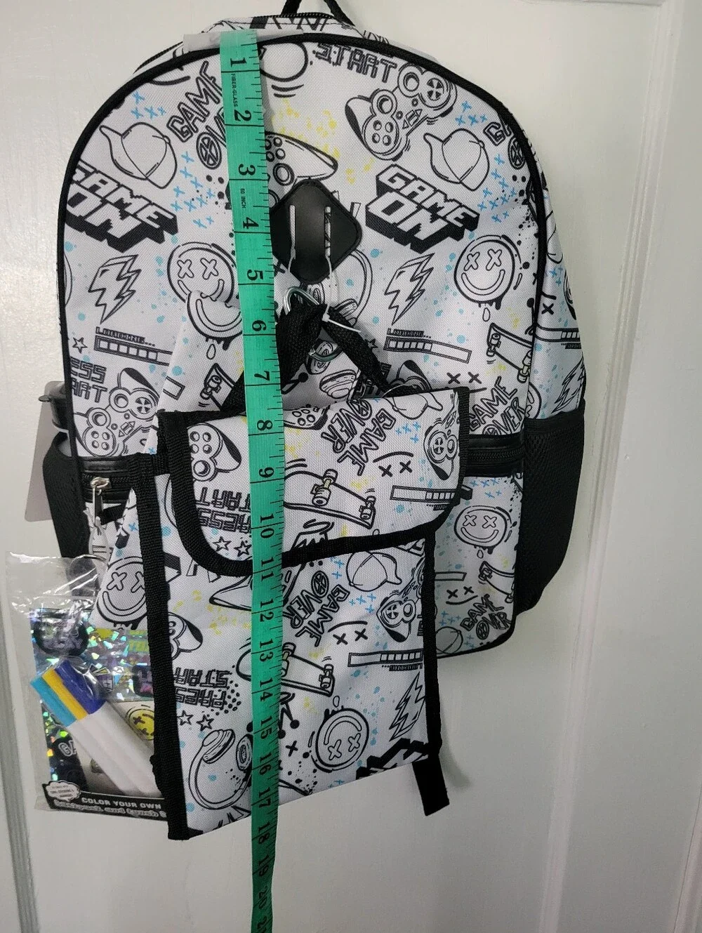 Extreme Nation 7 PC Set Kids Game Print Backpack with Matching Pouch White/Black